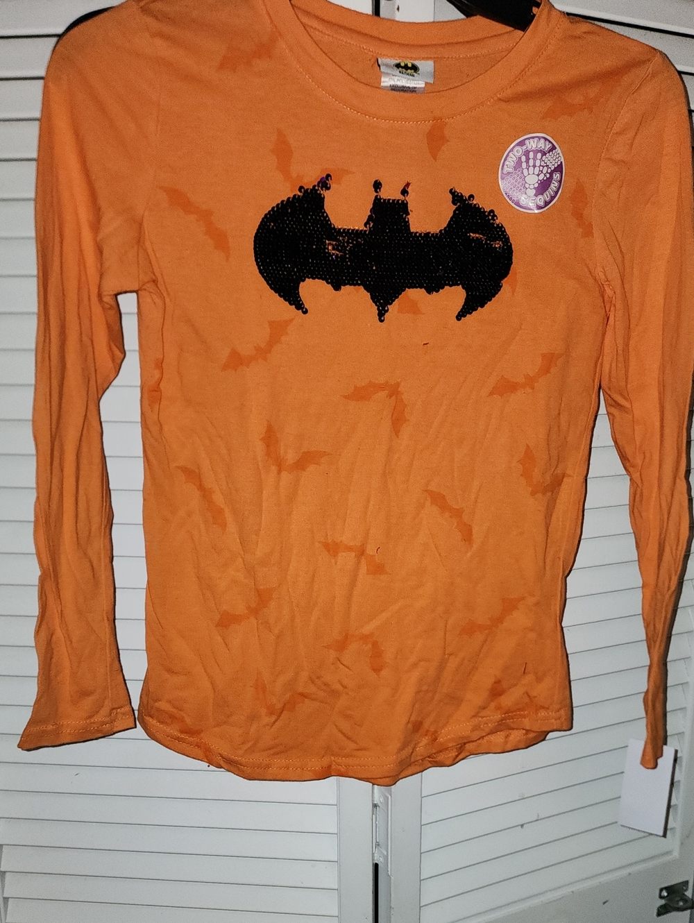 Batman Orange Long Sleeve Tee with Black Sequin Logo